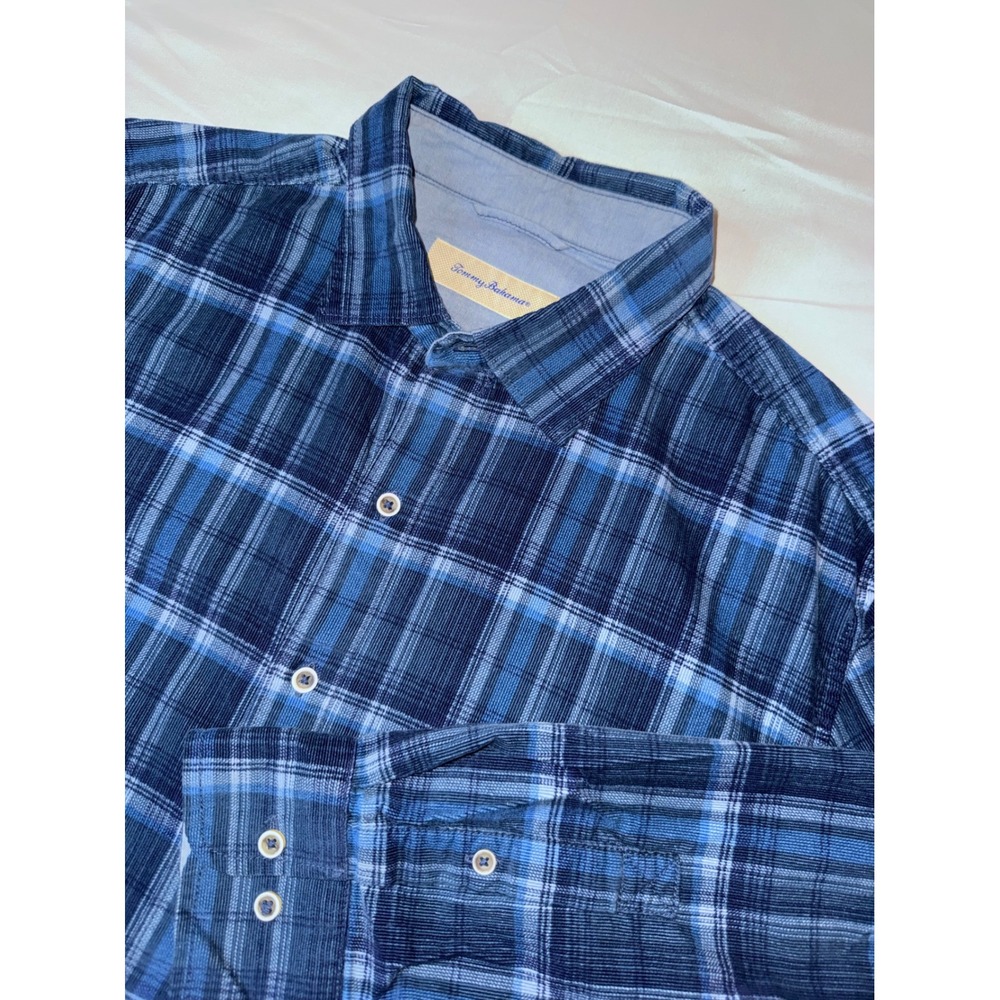 Tommy Bahama Blue Plaid Button Down Shirt Men's Large 100% Cotton Long Sleeve